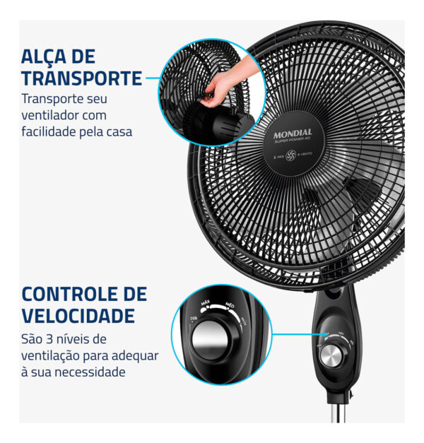 Ventilador Coluna 40cm Super Power Mondial Preto/Prata 140W VSP-40C-NB 127v - Imagem 6