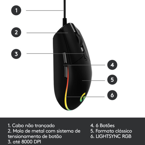 Mouse Gamer Logitech G G203 Lightsync Rgb Até 8.000 Dpi Preto - Imagem 9