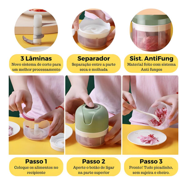 Mini Processador Moedor De Alimentos 250mL 3 Lâminas usb potente alho cebola cor sortidos 110V 220v - Imagem 7
