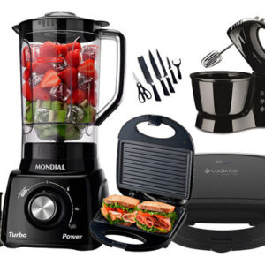 Kit Sanduicheira + Liquidificador Mondial + Batedeira Facas 220v / 110v Preta Nfe