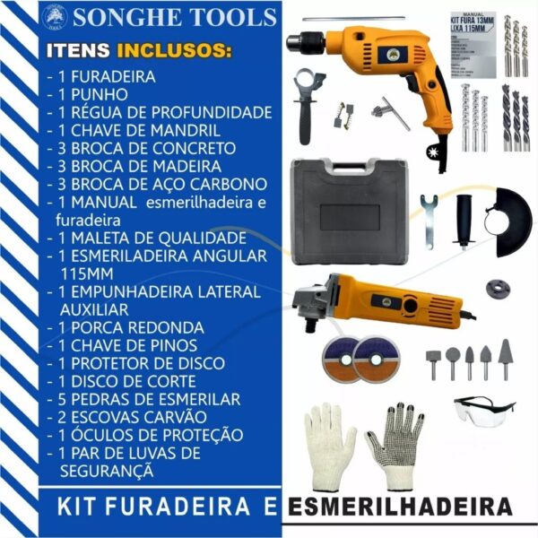 Kit Furadeira / Parafusadeira E Lixadeira / Esmerilhadeira Com 25 Peças E Maleta SH Tools - Imagem 3