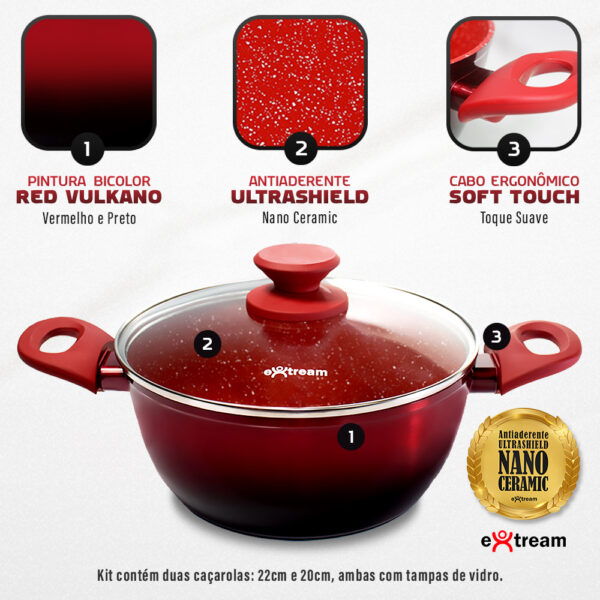 Jogo de Panelas Revestimento Ceramica Indução 11 peças Extream Rio Red Vulkano - Imagem 3